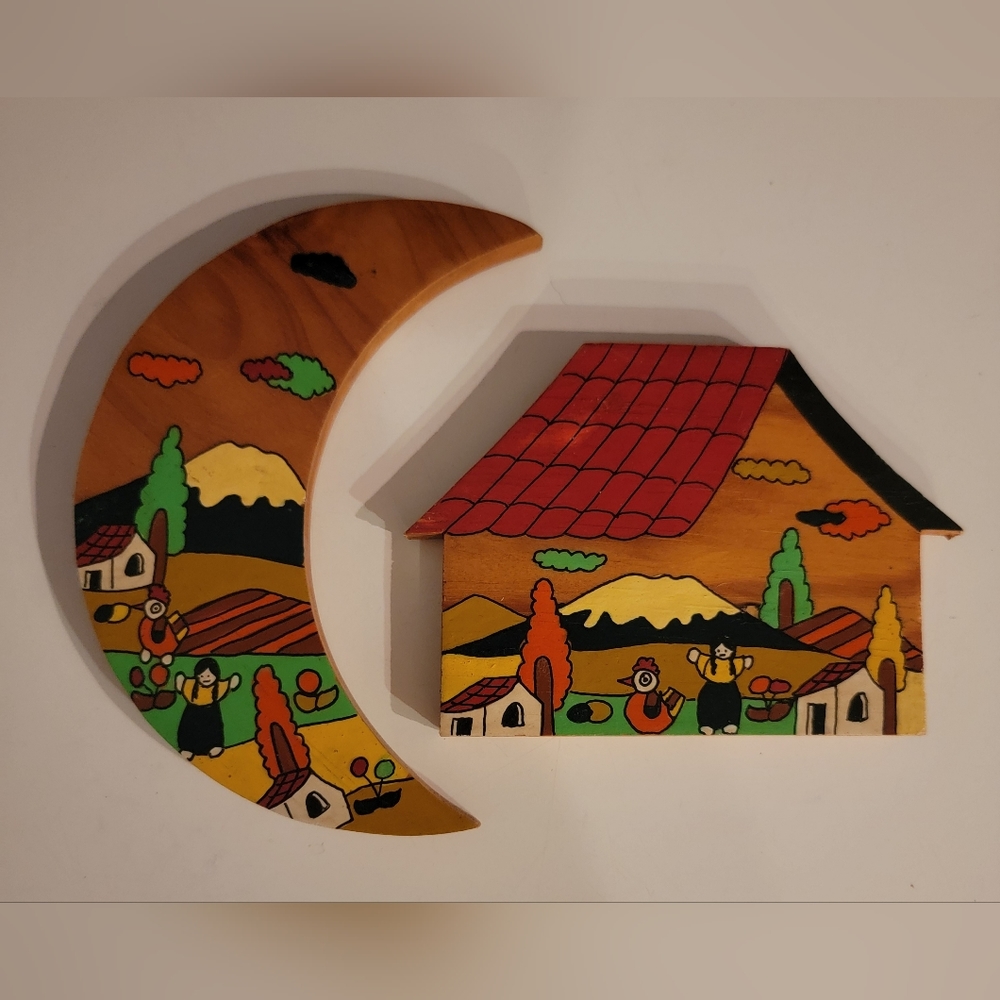 Colorful Handpainted Wall Art South American Decor/ A House & A Crescent